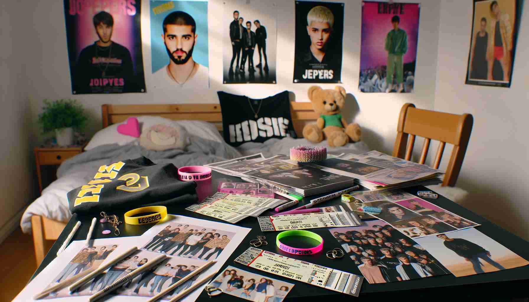 High definition, realistic picture of the quintessential fan experience: Preparing to attend a popular pop music concert. The image includes details such as concert tickets, fan-made posters, merchandise like t-shirts and bracelets, along with a sense of palpable excitement. The setting is domestic, possibly a bedroom with posters of anonymous pop stars.