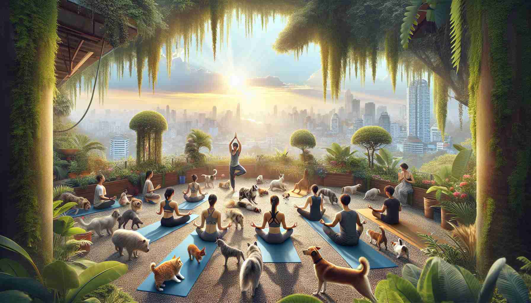 Superb high-definition scene of an animal rescue organization hosting a charity yoga activity in a rooftop garden. The scenery is rich with a variety of adopted animals mingling around. People of different descents and genders are practicing diverse yoga poses amidst the lush flora. The panoramic view of the city skyline is at the backdrop. Rays of a setting sun casts a warm glow upon the scene adding an element of tranquility.