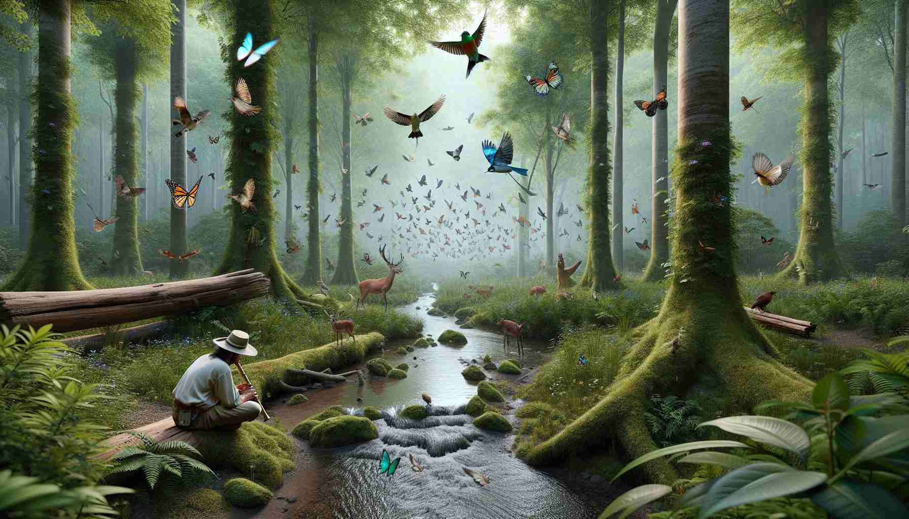 A hyper-realistic, high-definition image capturing a serene scene of nature exploration. There are lush green trees filled with myriad species of birds that sing harmoniously. The melodious cooing and chirping forms the melody of the woodland. A small, tranquil stream flows in the heart of these woods, its gentle gurgling resonating through the stillness. On the banks, you can see a person of Hispanic descent attentively tuning in to the symphony of nature, with a rustic handmade flute in their hand. Hovering butterflies decorate the air and a distant deer walks the foliage, contributing to the vibrant and soothing soundscape.