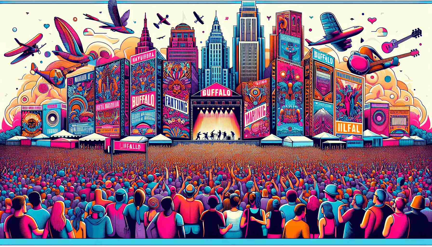 An exciting visual representation of a lineup for future music festivals in Buffalo, NY. Fill the scene with imaginatively designed banners showcasing a range of diverse genres of music. Showcase the joyful atmosphere with the crowd of people of different genders and descents, all eagerly anticipating the performances. Incorporate iconic landmarks of Buffalo such as cityscape with its historic buildings. The scene should be imbued with vibrant colors and high contrast to convey the vibrant energy of a music festival.