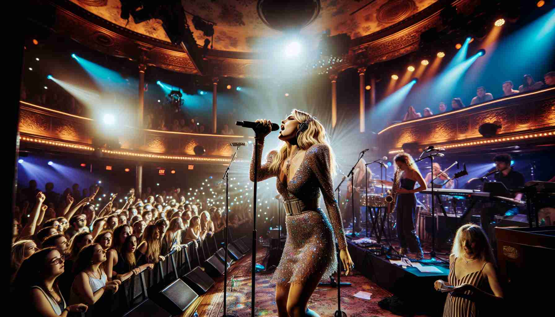 A vibrant, eclectic musical performance at a famed venue by a female singer-songwriter with blond hair and a physique like a pop star. The singer, wearing a sparkly dress, is in the middle of a powerful performance, impressing the audience with her stellar vocals. The venue is filled with enthusiastic fans, creating a sea of bright lights illuminating the venue. Various instruments can be seen around the stage enhancing the musical atmosphere.
