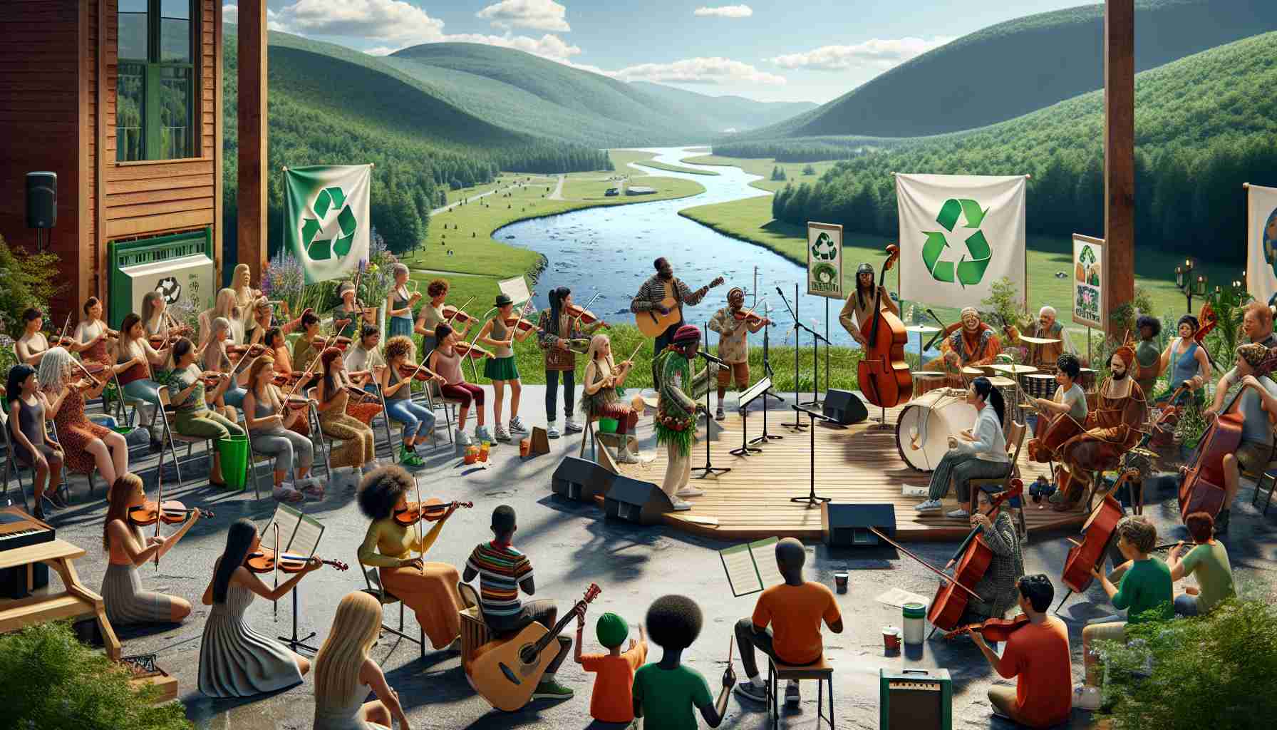 Create a high-definition realistic image of a community music initiative event unfolding in Vermont. The atmosphere of the event should convey a clear message of promoting environmental awareness. Include elements such as eco-friendly constructions, displays of recycling and conservation methods, and banners with powerful messages of safeguarding the environment. A mix of diverse people, including Caucasian women playing guitars, Black men tuning their violins, a Middle-Eastern woman leading an environmental discussion on the stage, and South Asian children wearing earth-themed costumes, all engaged in making this event a success. The picturesque landscape of Vermont with its lush green mountains and sparkling rivers acts as the perfect backdrop.
