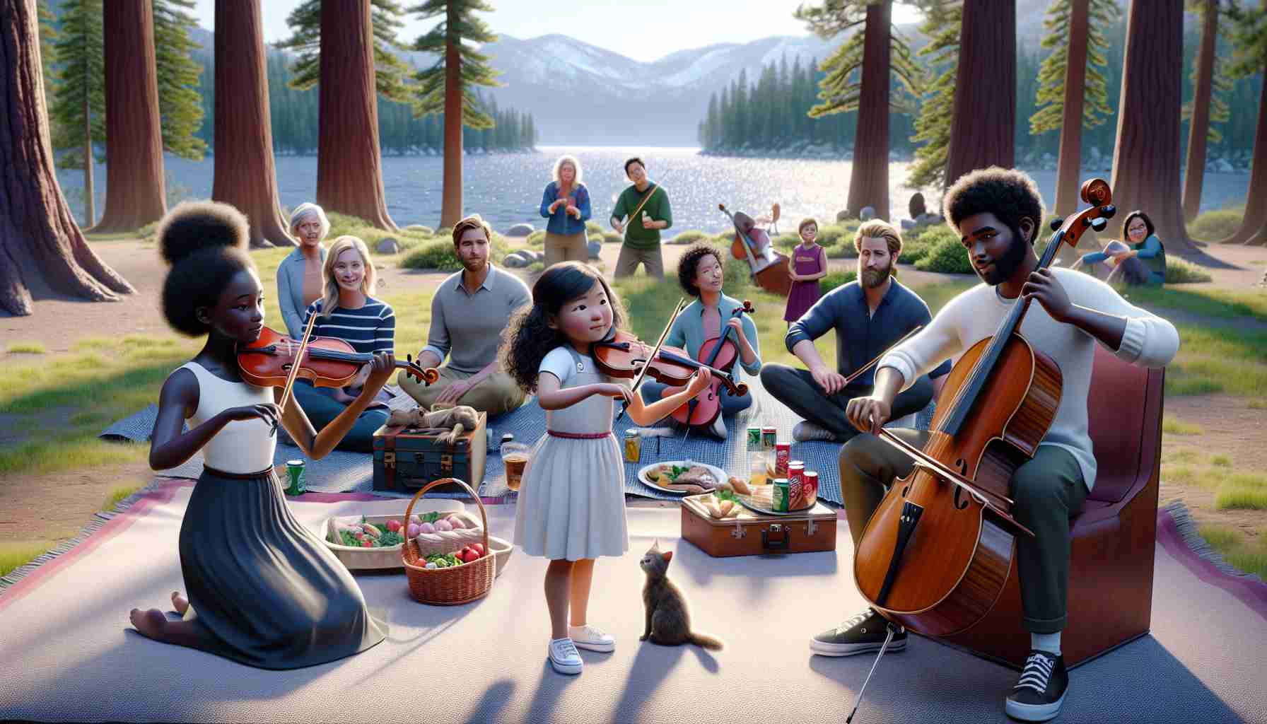 Render an HD realistic photo of a multicultural family day event at a Classical Tahoe. The scene highlights young musicians demonstrating their talents. A Caucasian girl playing the violin is front and center, her face filled with concentration. There's a Black boy beside her, impressing the audience with his cello skills. On their other side, a Hispanic girl is elegantly playing the flute. In the background, parents and children of various descents watch in awe, scattered picnic blankets, and food baskets around them, encircled by towering pine trees and the sparkling lake.