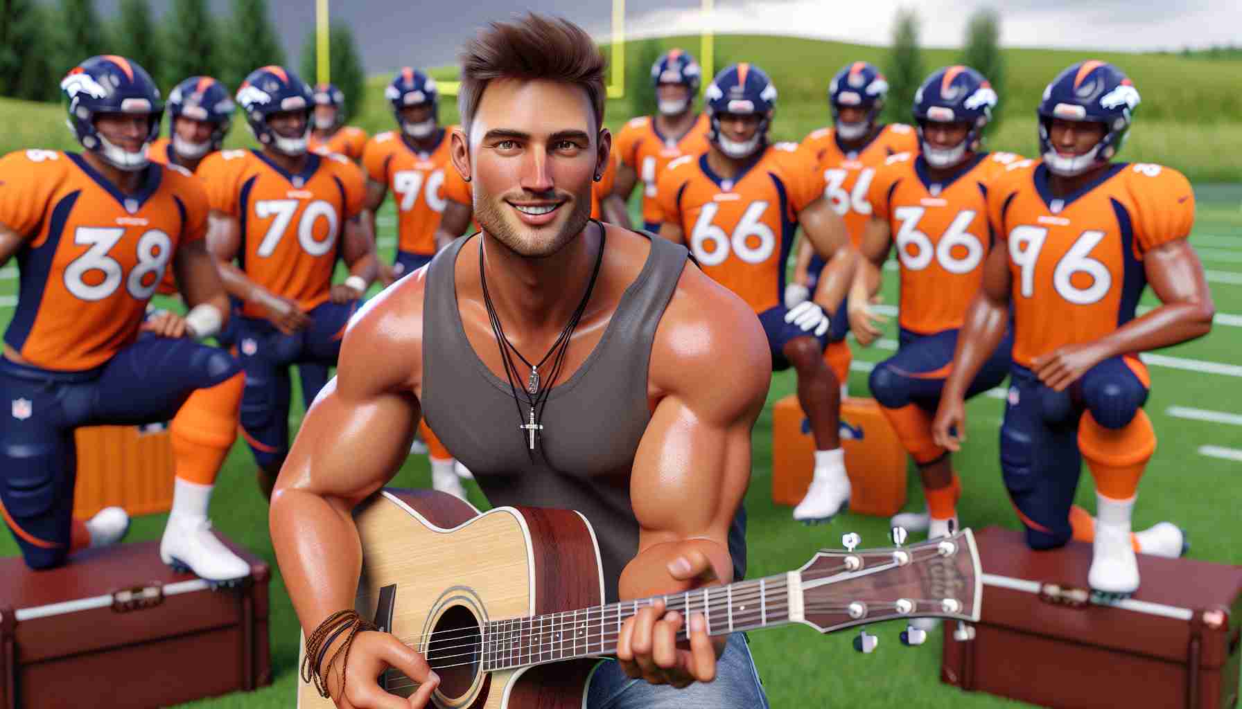 A detailed HD image of a high-energy country music artist, who shares similar features with a well-known artist named Kenny, bringing excitement to a practice session of a professional American football team based in Denver, known as the Broncos. The musician looks athletic, with short brown hair, tanned skin and an infectious smile. He is strumming a guitar passionately, while the players, wearing their orange and blue uniforms, are enthusiastically joining in the fun, turning the practice session into a lively event.