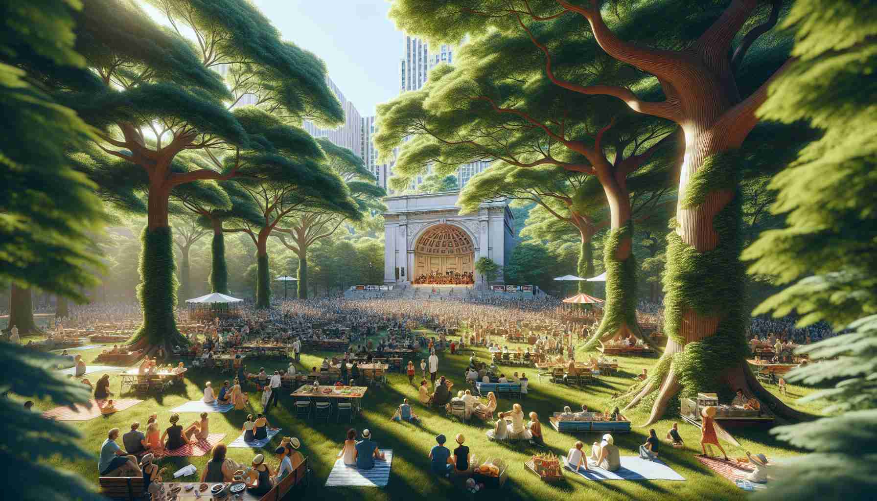 A high-definition, realistic image showcasing a summer serenade musical series unfolding at a lush, well-maintained park garnished with towering, mature trees. The environment is buzzing with people of varying descents such as Caucasian, Hispanic, Black, Middle-Eastern, South Asian, and White. They are all partaking in the lively event, with some listening to the music, others exploring food stalls, and the rest lounging on picnic blankets. The vibrant energy is amplified by the perfect summer day, with bright sunshine casting dappled shadows on the lush park ground.