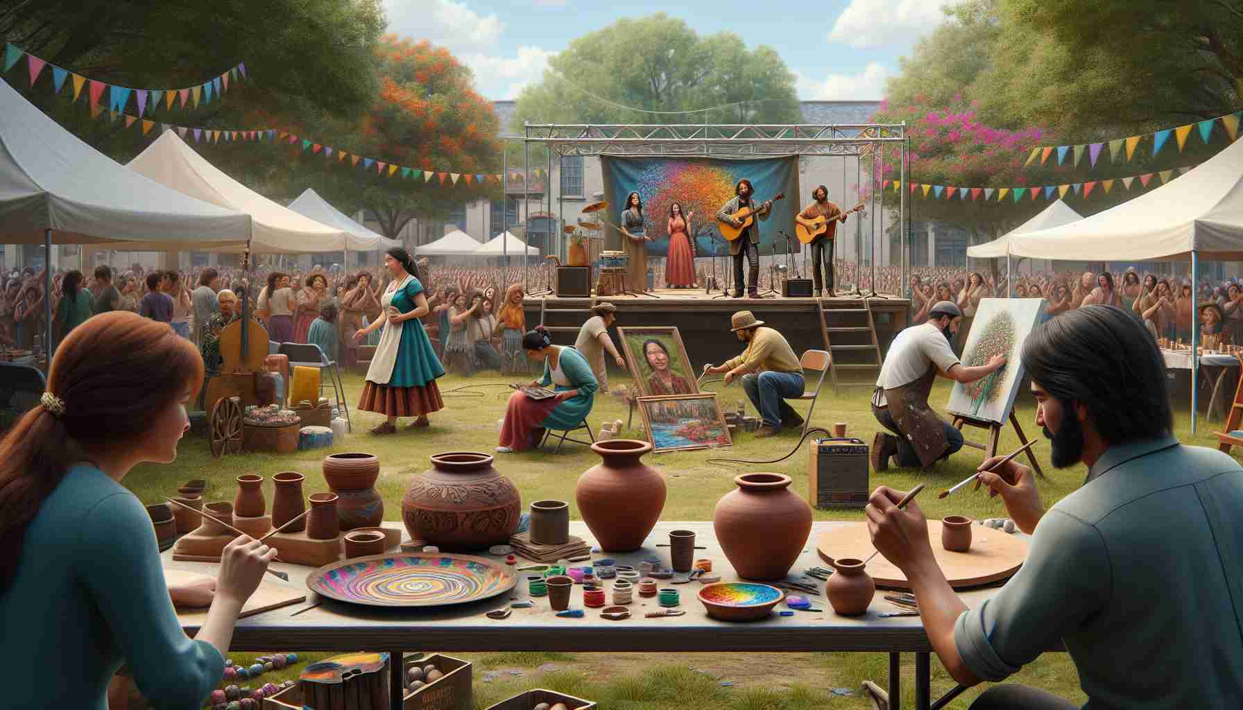 Create a realistic high-definition image showcasing a celebration of local art and music. The scene takes place in an outdoor park with vibrant green grass under a clear blue sky. Throughout the park, there are numerous colorful stalls where local artists are selling handmade pottery, paintings, and sculptures. One artist, a middle-aged Hispanic woman, is proudly displaying a clay pot she has just finished painting. Not far away, a young Asian man is drawing a crowd around his stall with his captivating oil landscape painting. Further away, a black woman in her thirties is immersing spectators with her emotional sculpture work. The sound of live music fills the atmosphere as local bands, composed of diverse members of varying descents and genders, are performing on a makeshift stage decorated with locally sourced flowers and ribbons. The crowd, composed of males and females of different descents, watch the performance with appreciative smiles, clapping along to the rhythm of the music.