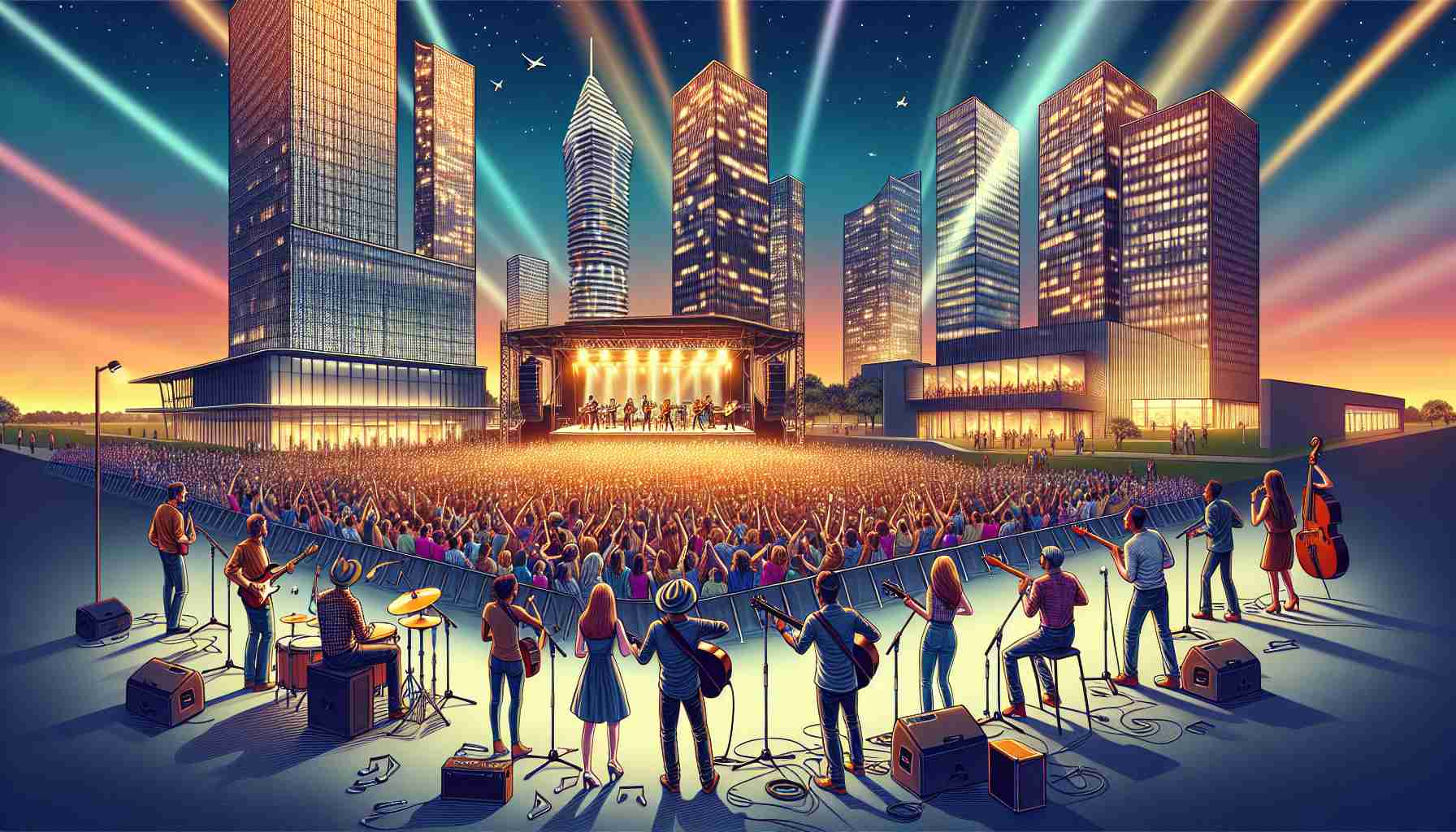 A high definition image illustrating the revitalization of the North Texas music scene through the introduction of a new concert series. Imagine the scene brimming with excitement, featuring a lively outdoor concert with a diverse range of musicians on stage, various music instruments and a lively crowd of enthusiastic music lovers. The gender and descent of each musician and audience member should vary, ensuring diversity in the image. Vibrant lights shine on the stage with modern architecture denoting the urban setting of North Texas in the backdrop.