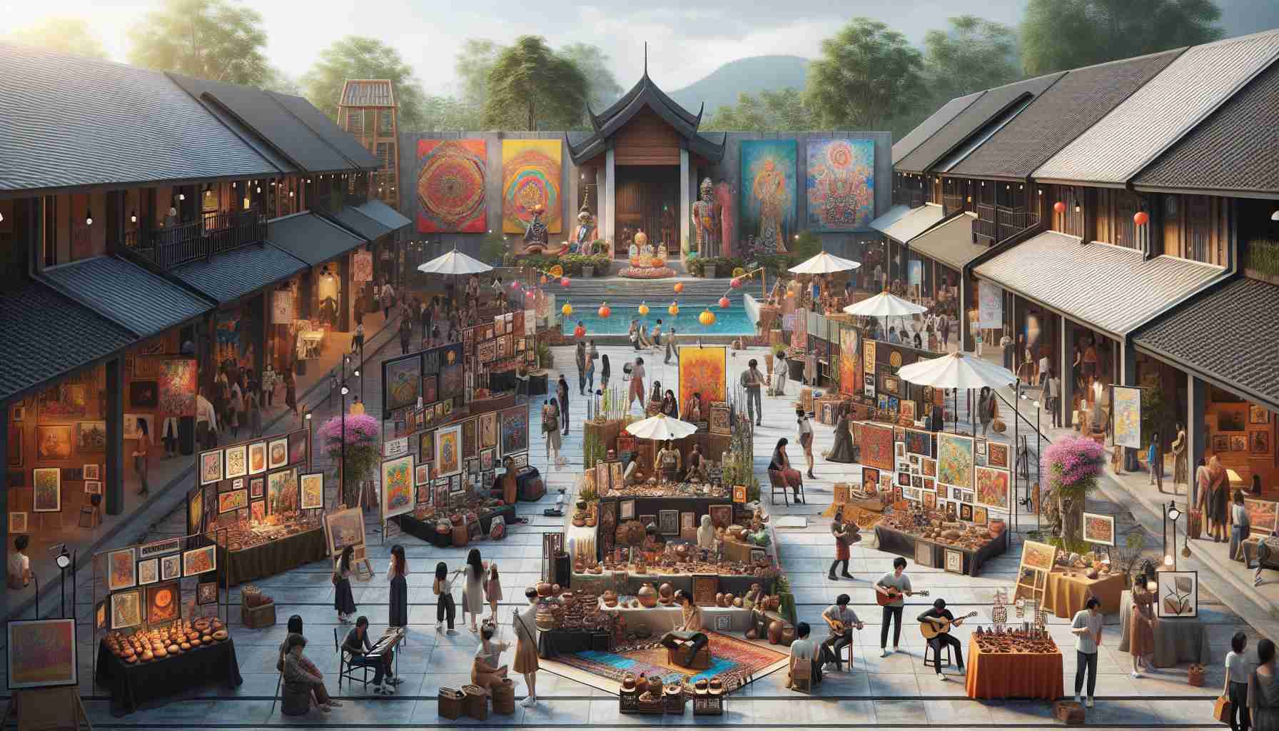 A realistic, high-definition image depicting a vibrant community art festival. The scene is bustling with color and enthusiasm as local talents from different walks of life come together to celebrate and showcase their skills. The venue is filled with art stalls showcasing diverse art forms - from intricate pottery to vibrant paintings. There are some art installations in the background, adding to the creative ambiance of the event. Local musicians can also be seen, strumming their guitars and playing lovely tunes. The crowd is diverse in their descent and gender, all appreciating the exhibition of passion and creativity.