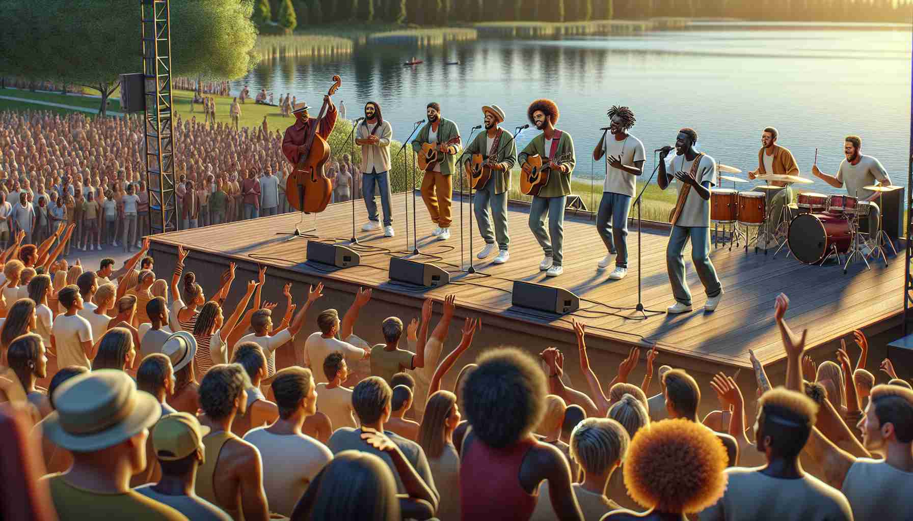 High-definition photorealistic image of a lively summer music extravaganza happening at a lakeside amphitheater. Musicians of different descents, including Hispanic, Black, Middle-eastern, and Caucasian, are performing energetically on stage, strumming guitars, beating drums, and singing heartily. The audience is a diverse group of enthusiastic men and women of various descents and ages, their hands waving in rhythm with the music. The outdoor amphitheater is set against a beautiful lake backdrop, the waters reflecting the golden, fading rays of a summer evening.