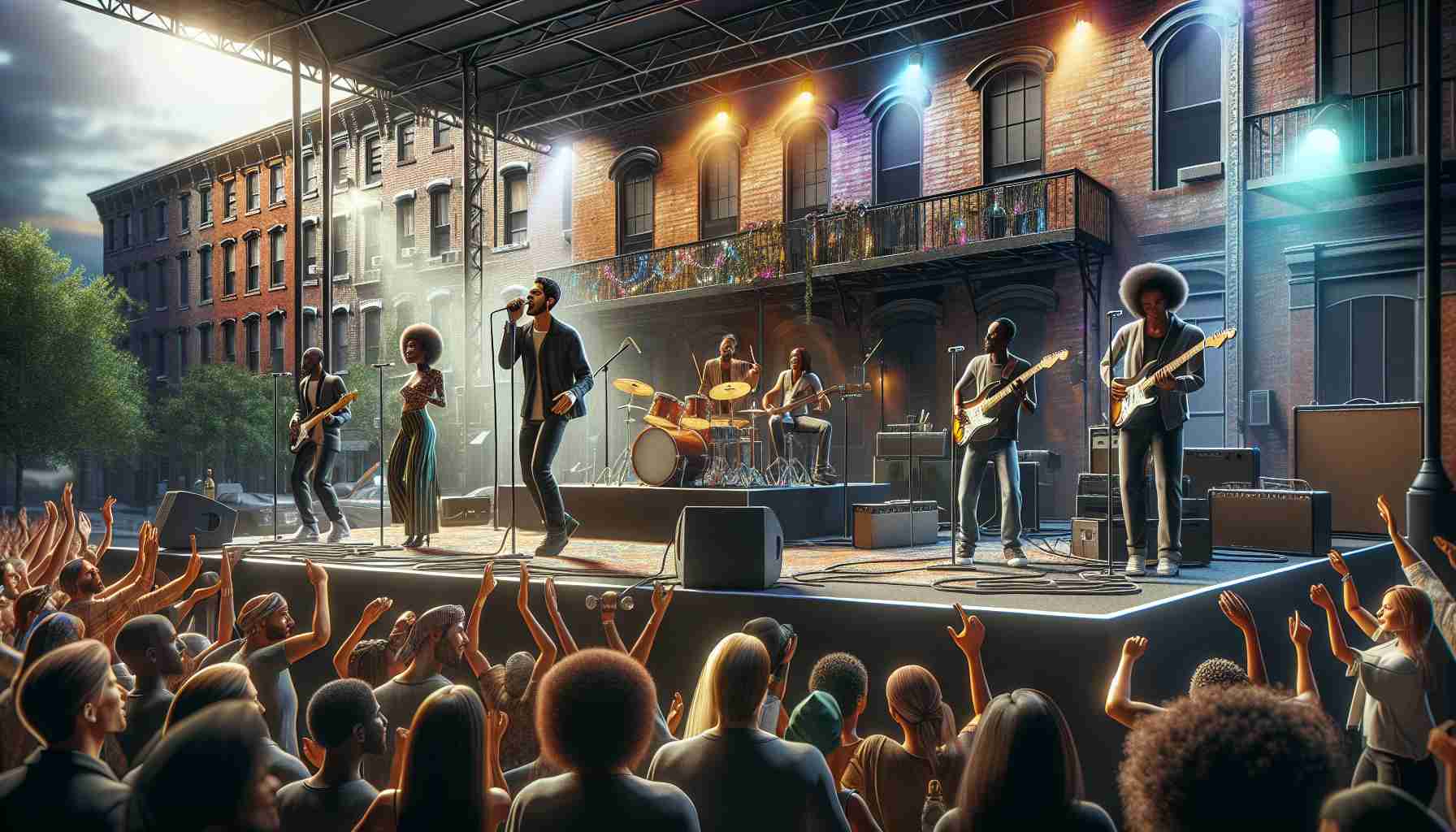 A high definition, realistic image capturing the essence of the vibrant music scene in Burlington. Showcase a scene where a band of diverse musicians, including a Caucasian male vocalist, a Black female on drums, a Middle-Eastern male on guitar, and a Hispanic female on the bass guitar, perform energetically on a stage bathed in multi-colored lights. The crowd in front is an eclectic blend of people enthusiastically tapping into the rhythm, immersed in the music. Architectural elements reflect the distinct charm of Burlington as a backdrop.