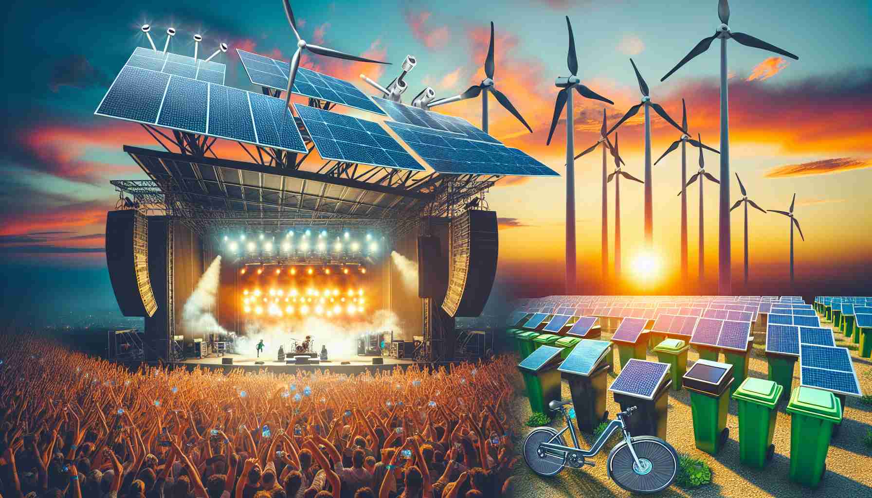 Create a visually stunning, high-definition photograph that represents new and innovative energy solutions being utilized at music events. These can include solar panels powering the concert's sound and light systems, wind turbines in the background, attendees charging their phones at pedal-powered charging stations, e-vehicles being used for transportation, and compost bins for biofuel production. Set the scene at sunset with the vibrant hues of the day bleeding into the calmness of the evening, accentuating the stark contrast between the bombastic energy of the concert and the sustainable practices in place.