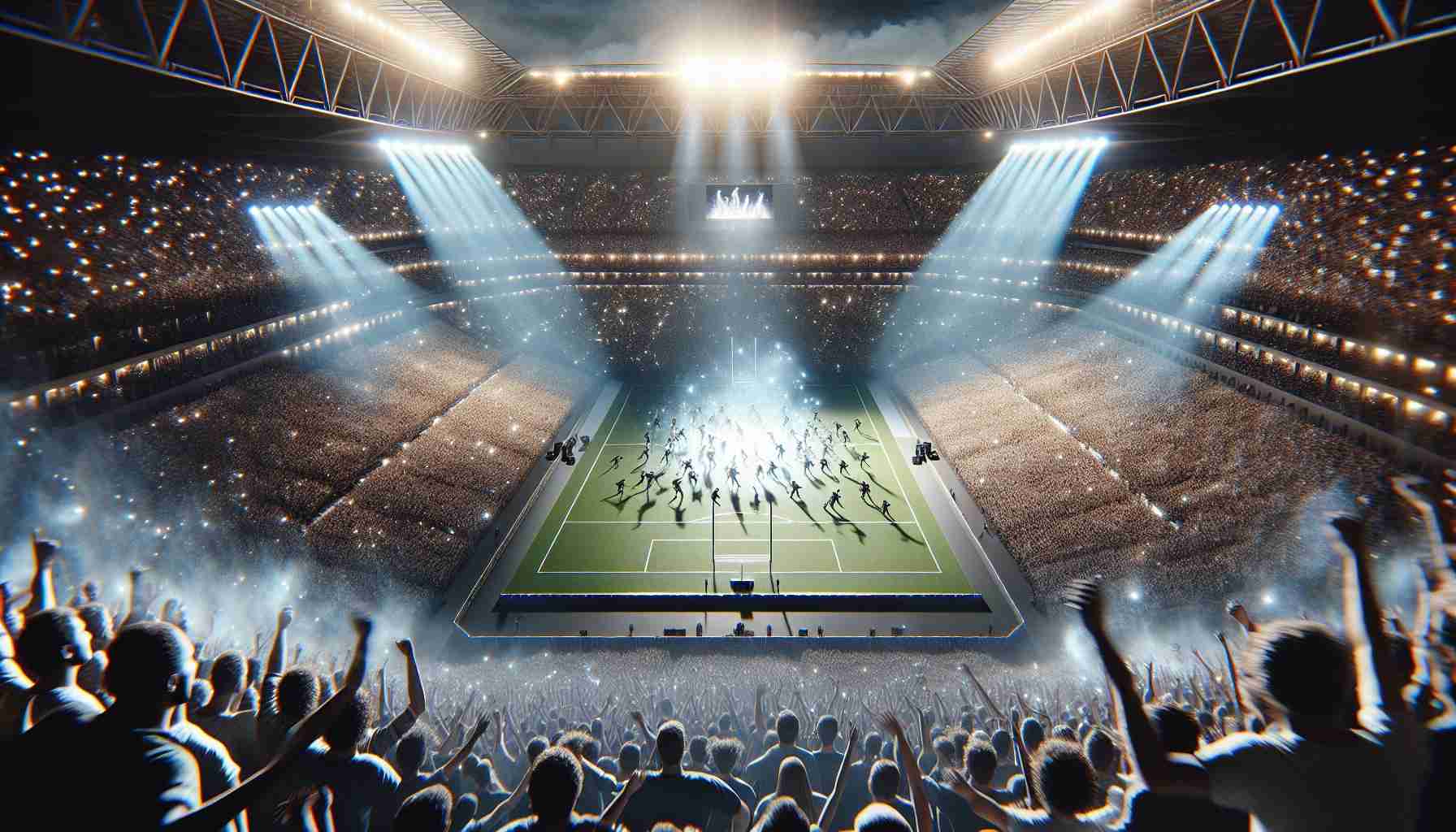 A realistic, high-definition rendering of an iconic performance at a massive, well-known stadium, packed with eager spectators. Floating in the air is the tangible excitement of an unforgettable game or concert, while the field below is filled with talented performers giving their all. The bright stadium lights illuminate the scene, creating an intense and emotional atmosphere. You can almost hear the roar of the crowd and feel the vibration of their cheers in the grandstands.