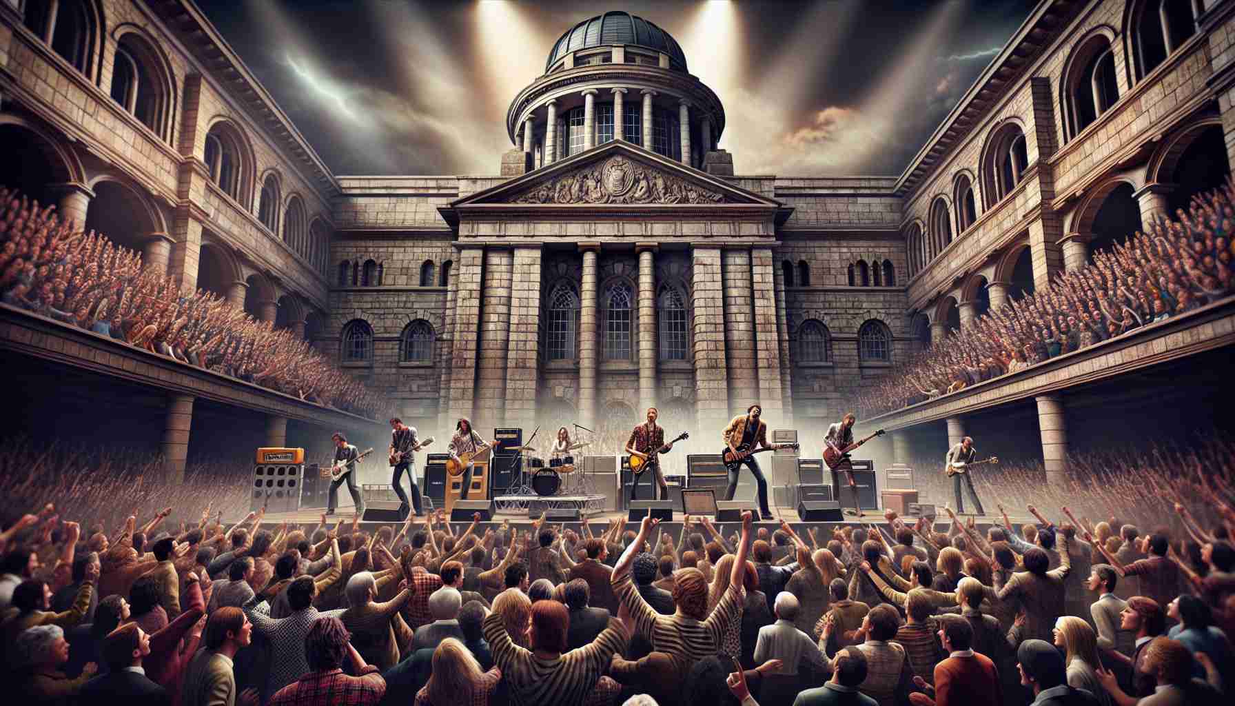 A realistic high-definition image capturing the pulsating excitement of a Rock 'n' Roll Extravaganza being held at a grand courthouse. The stone architecture of the courthouse serves as a historical backdrop to an ensemble of passionate musicians on stage, their electric guitars creating a symphony of rock music. The crowd, composed of diverse gender and races such as Caucasian, Hispanic, Black, Middle-Eastern, South Asian individuals, are swaying in rhythm to the pulsing beats, the lights from the stage reflecting off their faces creating a mesmerizing haze of colors. The energy and the spirit of rock music echoes through the grandeur of the courthouse.