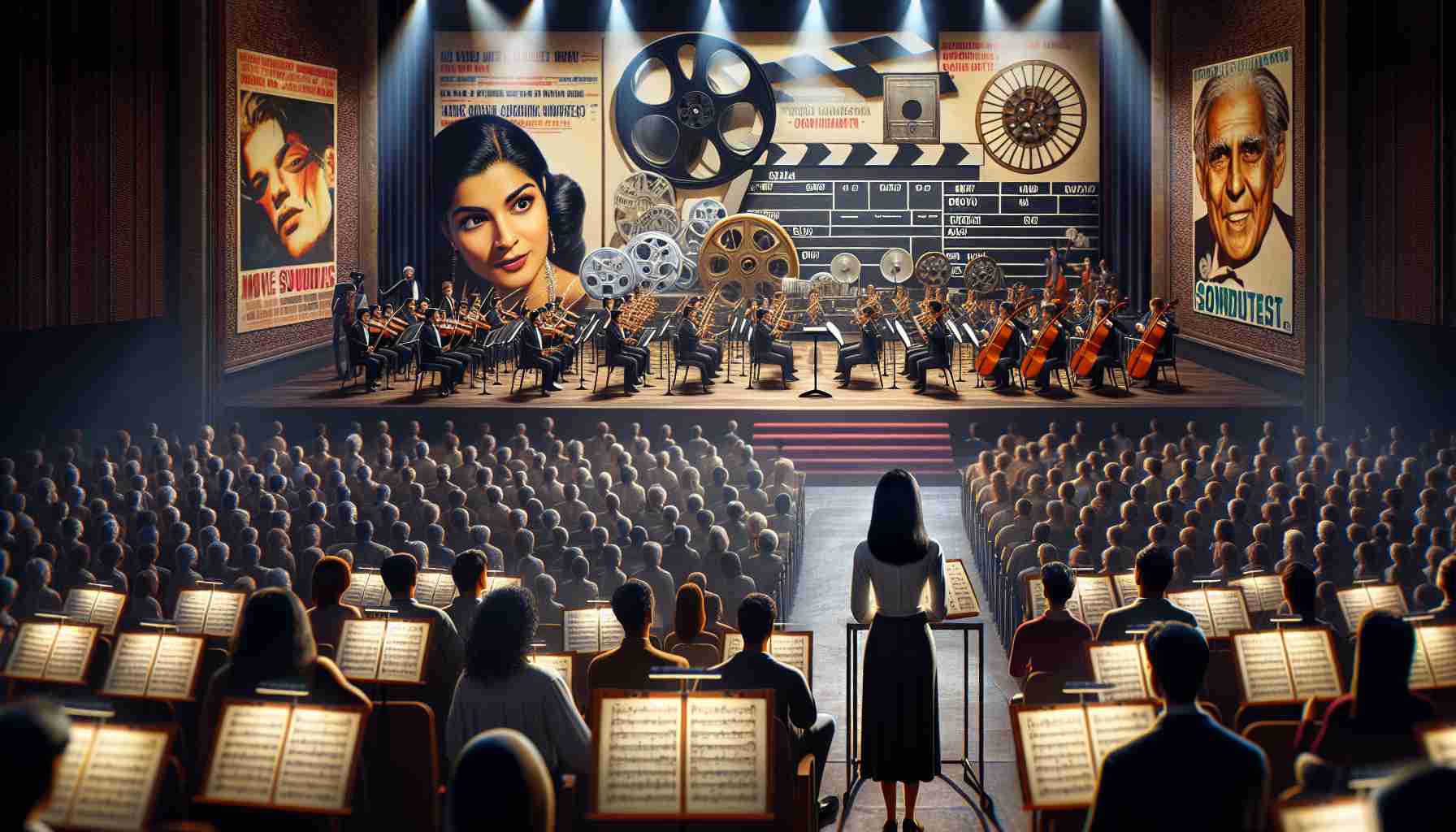 Create an image showcasing a new musical event focusing on movie soundtracks. Depict a diverse crowd of people eagerly waiting for the event to kick off. The stage should be elaborately decorated to reflect the theme of movie soundtracks, with reel films, clapperboards, and musical notes adorning it. Posters of old-time iconic films should be visible in the backdrop. The lighting should be dramatic, enhancing the realistic and HD quality of the image. In the foreground, we should see a female South Asian conductor and a diverse band ready to entrance the crowd with their performance.