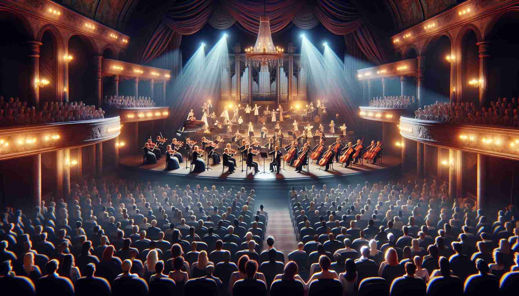 A high definition, realistic image of a thrilling and grand musical extravaganza taking over the stage in a large theater. The scene showcases a spectrum of instruments on the stage with musicians of various descents and genders, elegantly dressed, skillfully playing their parts. The crowd in the front is mesmerized and engrossed in the enchanting music. The stage is adorned with vibrant lights and decor, perfectly complementing the passionate ambiance.