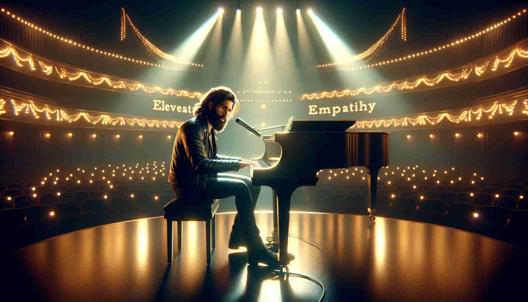 Create a realistic, high definition image of a memorable night event titled 'Elevating Empathy'. The setting is an auditorium with a large stage decorated with golden lights. Spotlights illuminate a passionate musician performing on the stage. He is a robust man with long hair, a trimmed beard, wearing a leather jacket and playing a grand piano. The feeling of empathy radiates powerfully from the scene.