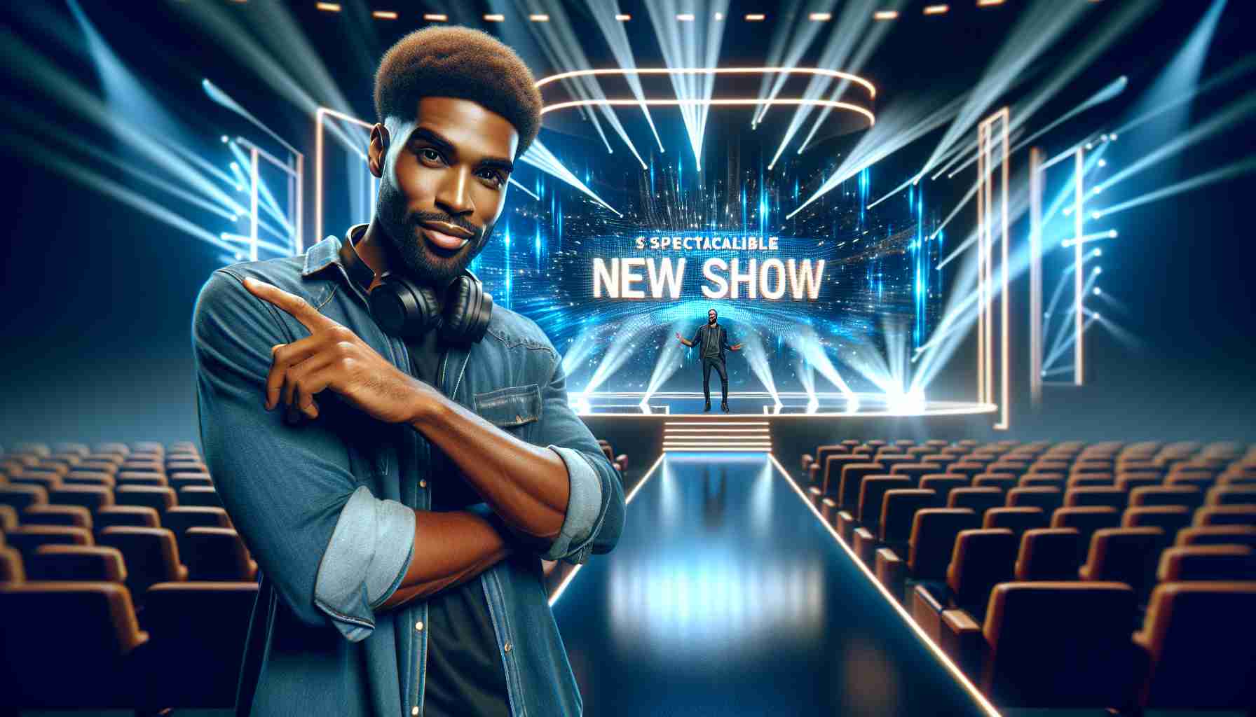 Realistic HD photo of a spectacular new show hosted by a multi-talented male artist, where it welcomes a surprise guest and is filled with stunning visuals. The host is a black man of medium build, possessing a charming demeanor and dressed in casual chic attire. The surprise guest could be anyone from the audience or the entertainment industry. The show's visuals include cool lighting effects, a grand stage setup, and highly engaging multimedia elements.