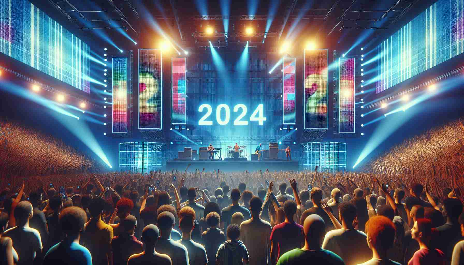 A vibrant, high-definition image capturing the essence of a live music concert in 2024. Imagine a large, enthusiastic crowd of diverse people where we can see men and women of Caucasian, Hispanic, Black, Middle-Eastern, and South Asian descents equally. The stage, awash in bright, multi-colored lights, is set with a variety of musical instruments, indicating a varied range of musical genres. Screens display the year clearly: 2024. The overall energy is one of excitement and anticipation for the musical performance to take place.