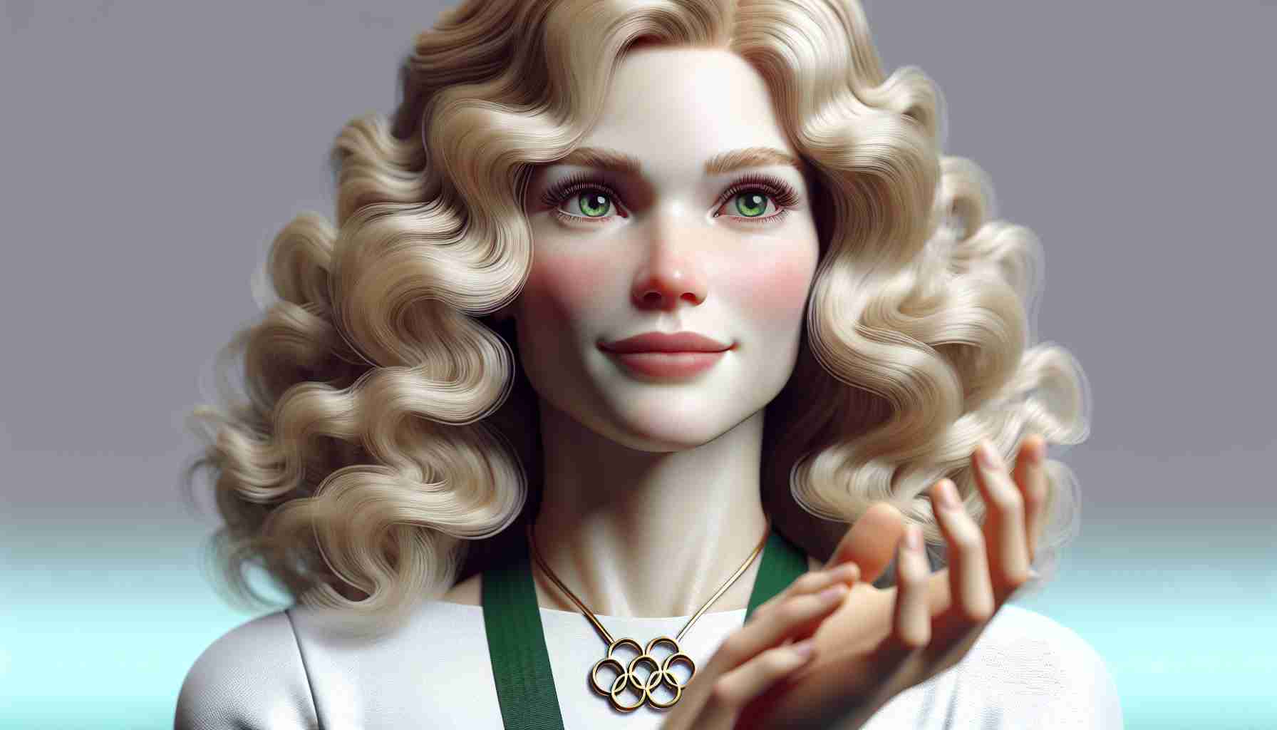 Realistic HD image of a woman with fair skin, green eyes, and voluminous blonde hair, dressed elegantly, applauding an unconventional Olympic performance.