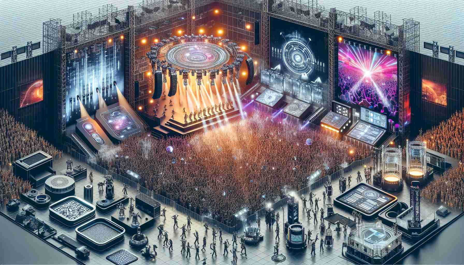 An image depicting the advancement and revolutionizing changes in the live events industry. Include elements such as state-of-the-art concert stages laden with high-definition LED screens, innovative lighting designs, immersive virtual reality equipment, and lively crowds immersed in the experience. There should also be elements hinting towards the new digital era such as mobile apps for ticketing and social media promotions. The overall atmosphere should reflect the vibrancy and dynamic energy of live events in a modern digital world.