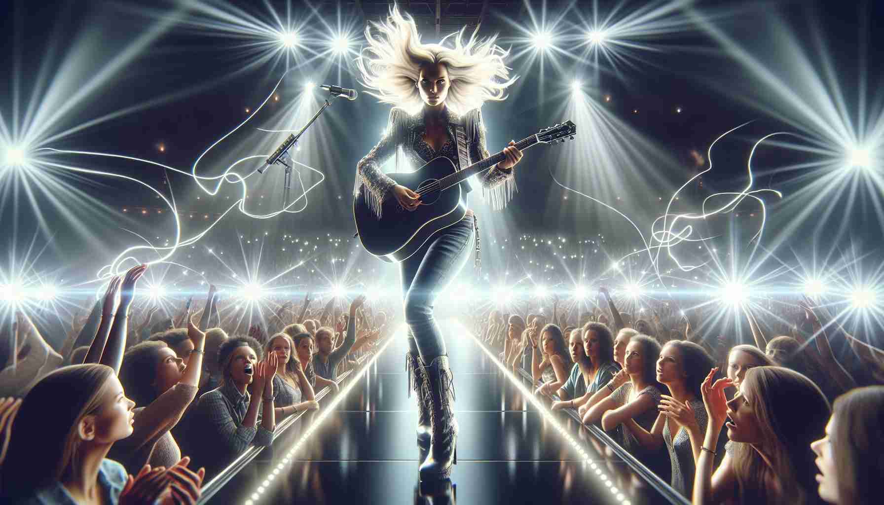 Generate a hyper-realistic, high-definition image of a spectacular and hard-hitting performance at the central stage of a grand concert venue. The performer, a charismatic woman with blonde hair and a guitar, takes center stage, illuminating the vicinity with her energetic aura. The crowd moments are of shock and awe, captivated by the performance. The lightning design is mesmerizing, synchronized with the music in exciting patterns. The musician stands in a confident, star-like pose on the stage, strumming her guitar while singing into a microphone.