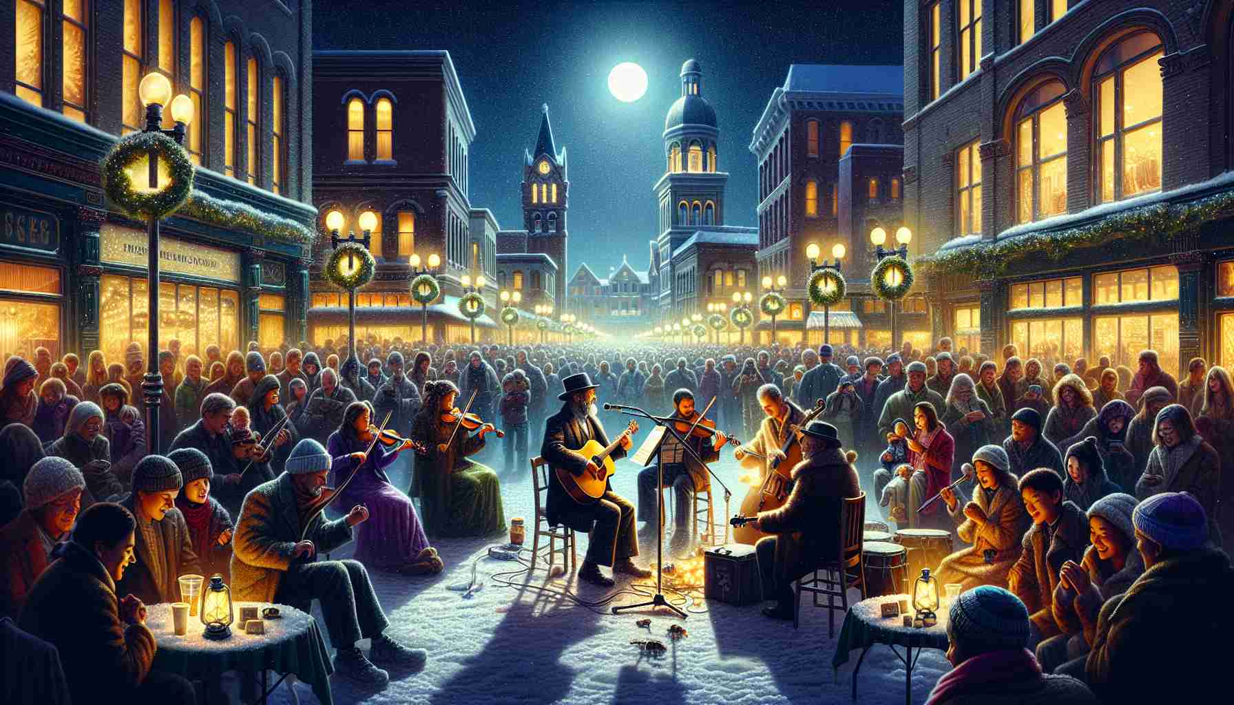 A vivid high-definition depiction of an unforgettable night of music in Davenport city center. The scene portrays a lively gathering filled with illumination and harmony. Crowded sidewalks brim with fans: a Black man strumming a guitar, an Asian woman engrossed in her violin solo, and a group of Middle-Eastern youth listening intently. The scent of melting snow mingles with the rich sounds, soaring against a backdrop of historic buildings, dimly lit by the city's lamplights. The moon hovers gently in the clear sky, sprinkling its silver glow throughout the scenery.