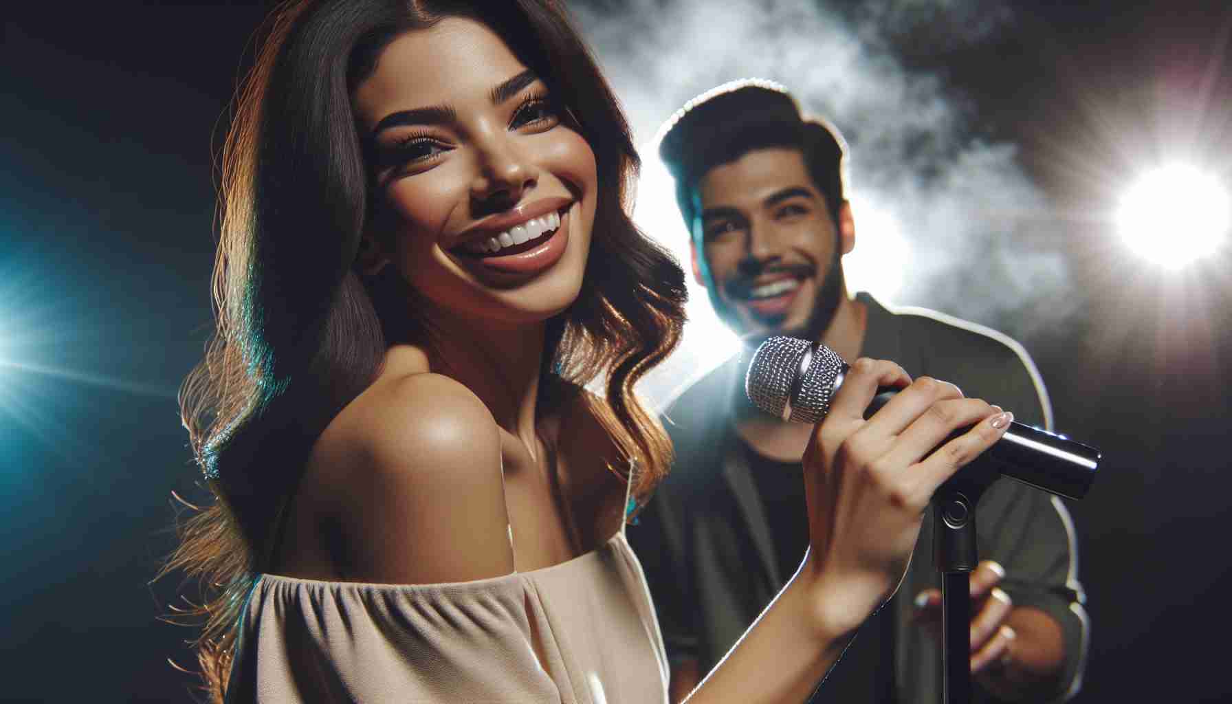 Create a realistic HD photo of a talented female singer with Hispanic descent, showcasing her radiant smile and joy as she enjoys a lively pop concert, performed by a charismatic male singer of Filipino and Puerto Rican descent.