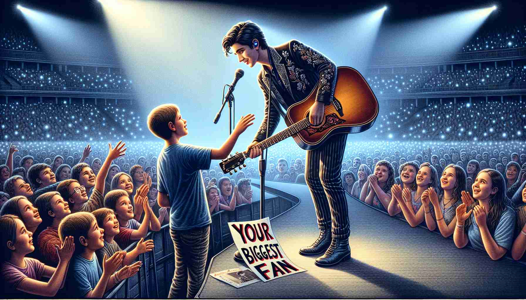 Detailed depiction of a heartwarming scene at an overseas music concert where a young admirer, perhaps in their early teens, manages to make their way onto the stage. The figure they approach is a universally loved, internationally renowned music virtuoso. This impressive figure stands tall on stage, gracefully wielding a shiny acoustic guitar. The youngster, stunned and starstruck, presents a reluctant but genuine smile as they hand over a homemade poster that reads 'Your biggest fan.' The stunning surprise illuminates the performer's face as they reciprocate with beaming appreciation. The audience in the background is awestruck witnessing this unforgettable moment, the bright concert lights dancing over a sea of enthralled faces.