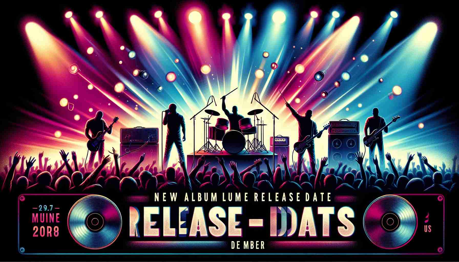 High-definition, realistic illustration of a new album release date announcement poster by a legendary, generic music band. The image should depict vivid colors , concert lights, and a big clear date printed. Instruments and silhouettes of band members can be seen in the background.