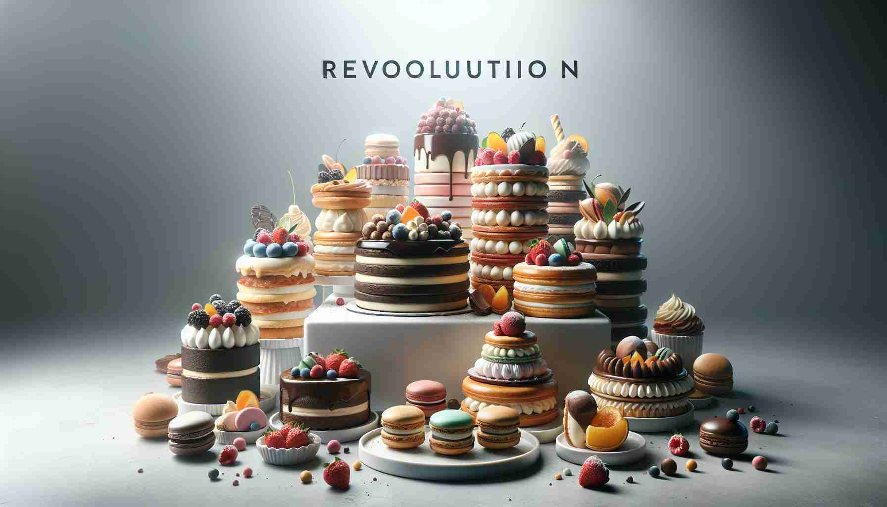 A highly detailed and realistic photo displaying a revolution in desserts. The image features a wide array of delectable delights such as cream-filled pastries, moist chocolate cakes, colorful macaroons, and fresh fruit tarts. They are all elegantly arranged in a modern and enticing presentation, under soft, diffused light. Each dessert is crafted with care giving each item a luxurious look that invites the viewer to savor and indulge in them.