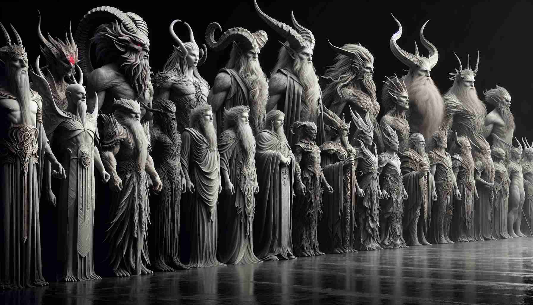 A high-definition, realistic image displaying an impressive line-up of legendary, mythical figures. They stand shoulder to shoulder, displaying a formidable air of dominance and awe. The specific elements in this line-up are ambiguous and may include creatures from folklore, icons from fairytales, or beings from mythology, each exuding an aura of grandeur and magnificence.