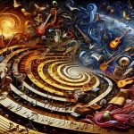 An ultra high-definition image showing an abstract concept of the unforeseeable musical odyssey. Envision a rich, detailed scene filled with various musical instruments, winding paths, and swirling music notes, creating a sense of unpredictability and openness. Each segment of the journey could represent different genres of music, symbolized by instruments or characteristics unique to that genre. The image should be lively and intense, exquisitely showcasing the unpredictability and expansiveness of music's journey.