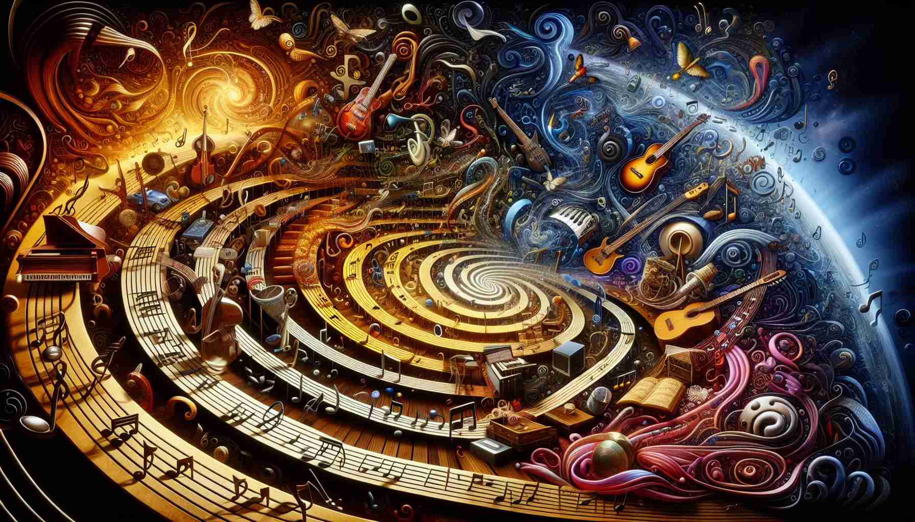 An ultra high-definition image showing an abstract concept of the unforeseeable musical odyssey. Envision a rich, detailed scene filled with various musical instruments, winding paths, and swirling music notes, creating a sense of unpredictability and openness. Each segment of the journey could represent different genres of music, symbolized by instruments or characteristics unique to that genre. The image should be lively and intense, exquisitely showcasing the unpredictability and expansiveness of music's journey.