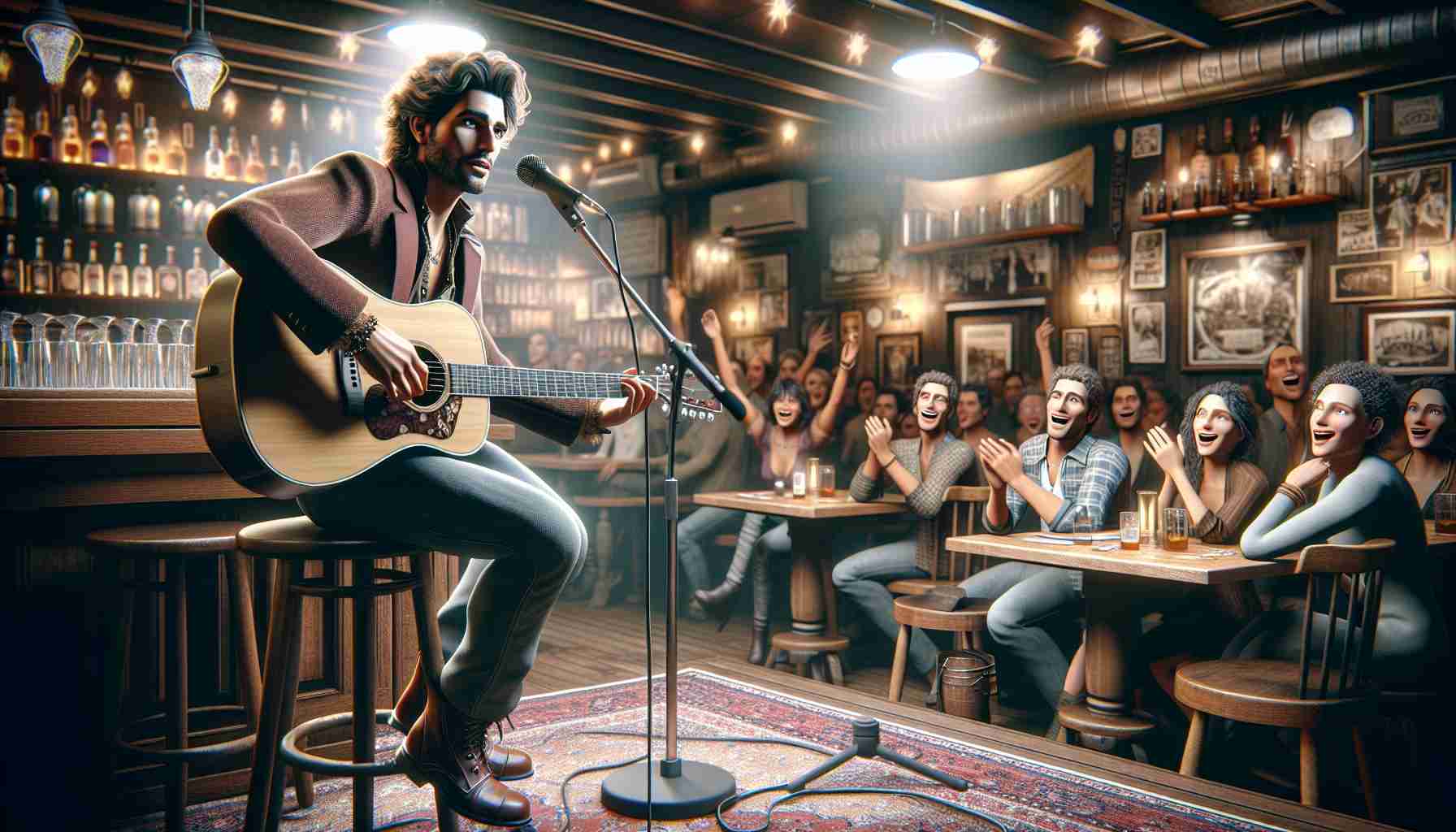 A high-definition, realistic image of a charming male pop star with wavy hair and a stylish wardrobe, giving a surprise performance at a cozy local pub, strumming his guitar on the small stage while the audience reacts with cheers and surprise. The establishment is dimly lit, buzzing with energy, and filled with wooden furnishings and vintage decorations. The artist is in his element, captivating everyone with his soulful music. Please note, the depicted individual is a fictitious character and not associated with any real individual.