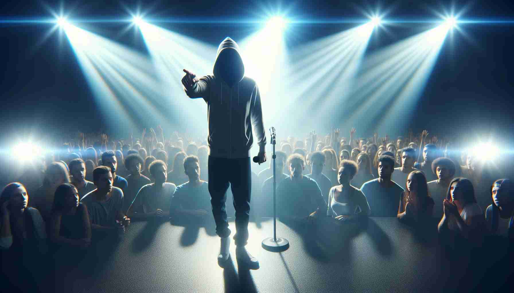 High-definition image of an anonymous popular singer on a brightly lit stage, halting their performance to address an individual causing a disturbance in the audience. The artist maintains a determined posture, pointing towards the crowd. The audience looks towards the source of the disturbance in surprise. Bright spotlights illuminate the whole scene revealing the awe on the faces of many fans.