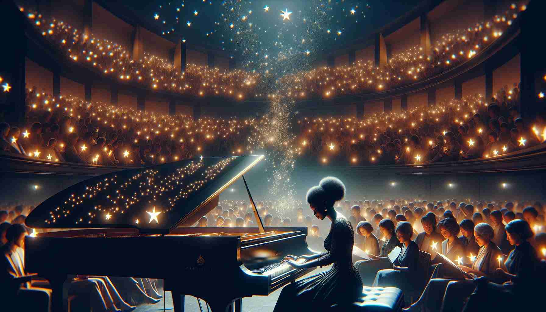 An enchanting evening of music, depicted in a high-definition image. A brilliant female pianist, of Black descent named Sophia, masterfully treads the keys of a grand piano. Twinkling stars sparkle overhead, symbolism of the magic sprinkled within the notes of music she plays. The venue is softly lit, creating an atmosphere of intimacy and invoking a sense of awe. The audience, composed of a diverse mix of individuals, enthrallingly listens to the captivating symphony, reveling in the wonders of the melodious night.