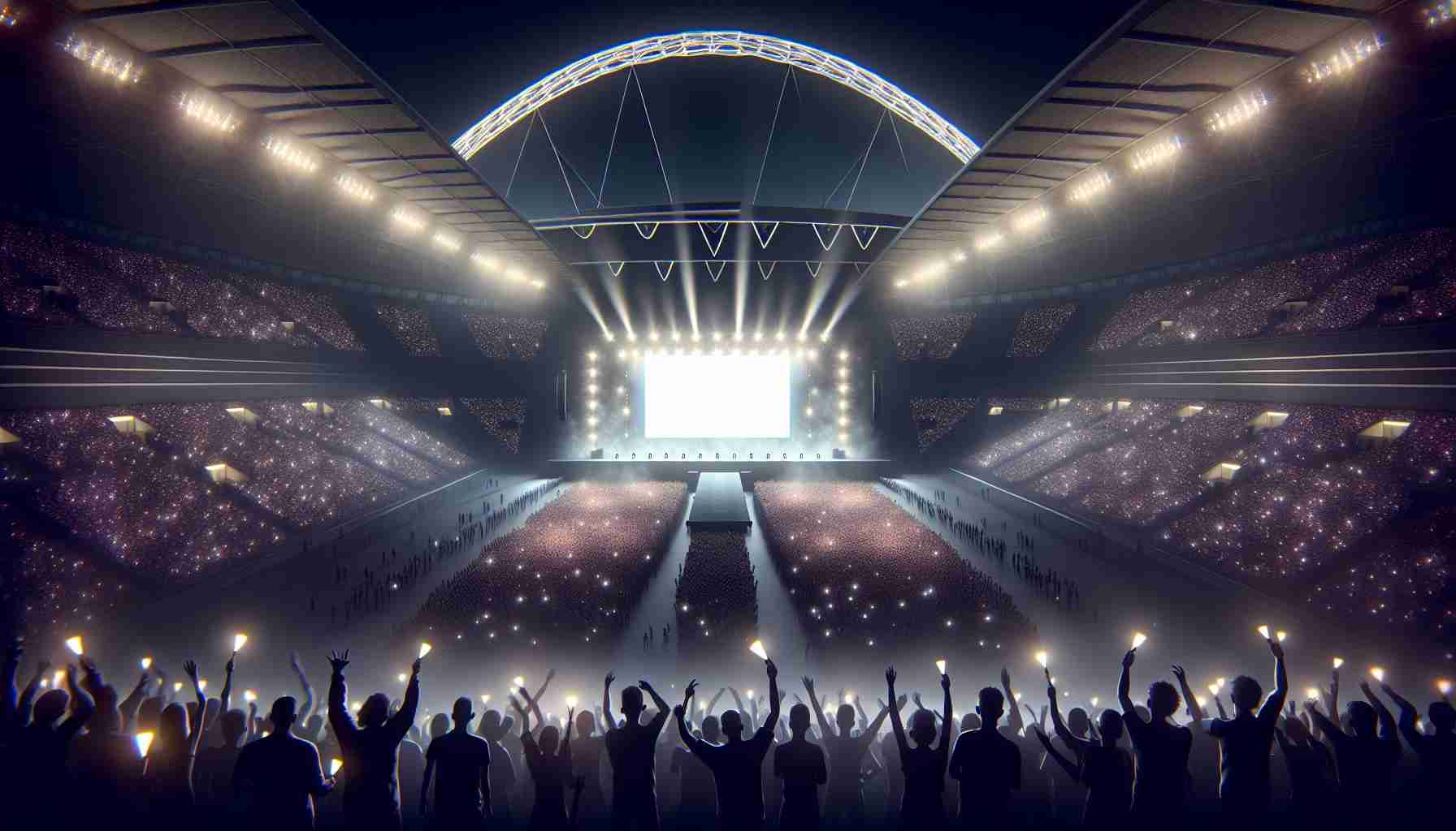 Create a realistic high-definition image of a high-energy scene at Wembley Stadium. Thousands of excited fans from various descents, men and women equally represented, eagerly await the reveal of a new, anonymous musical talent on the large stage. Spots of light can be seen twinkling in the dark as fans wave their light sticks, while the giant screen onstage remains blank, building the anticipation. The silhouette of the famous Wembley Arch stretches high into the night sky, illuminating the atmosphere with its radiant glow.