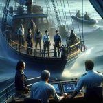 A high definition, realistic image showing an exploration scene taking place in uncharted waters. On a well-equipped exploration ship, there is a diverse group of explorers consisting of a Caucasian female navigator, an Asian male marine biologist, a Hispanic female captain, and a Black male engineer. The waters around them are mysterious and untouched. Suddenly, they encounter authorities in another ship approaching them. The authority figures should appear stern and serious, demanding explanation for the presence of the explorers in these waters.