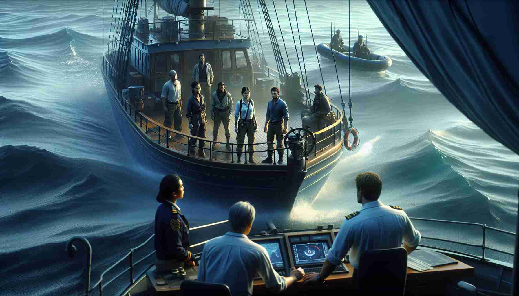 A high definition, realistic image showing an exploration scene taking place in uncharted waters. On a well-equipped exploration ship, there is a diverse group of explorers consisting of a Caucasian female navigator, an Asian male marine biologist, a Hispanic female captain, and a Black male engineer. The waters around them are mysterious and untouched. Suddenly, they encounter authorities in another ship approaching them. The authority figures should appear stern and serious, demanding explanation for the presence of the explorers in these waters.