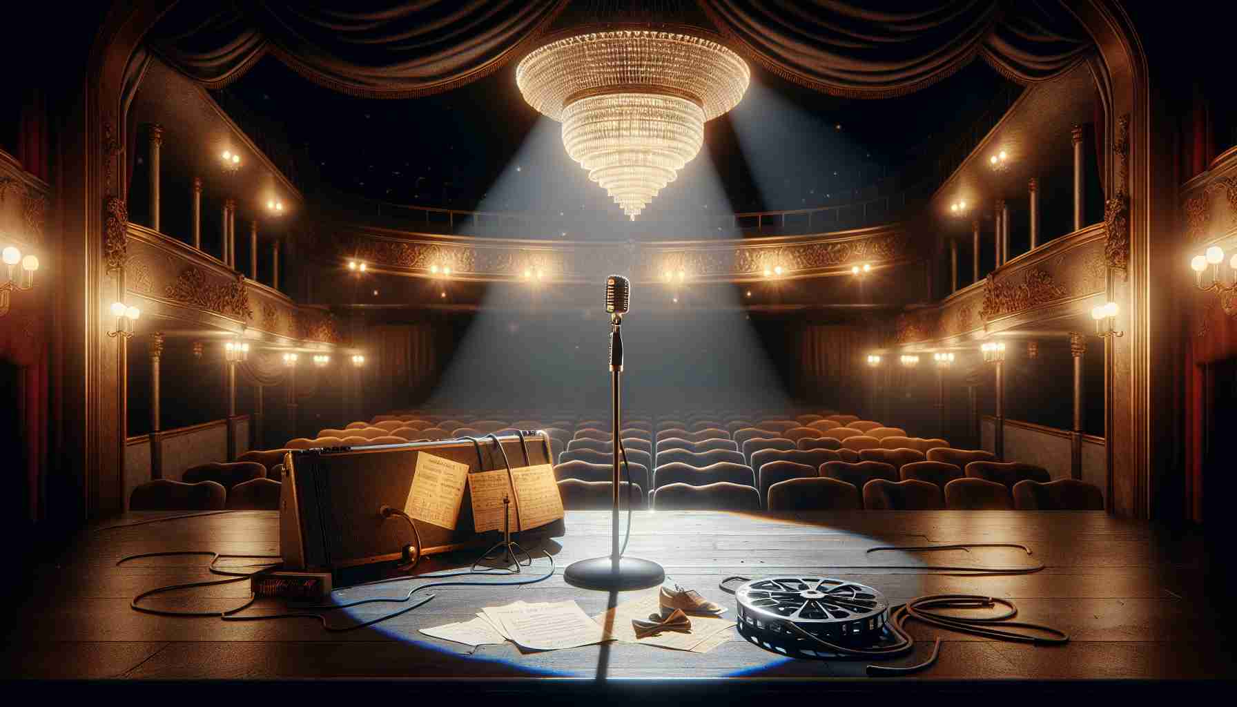 Realistic high-definition image showcasing the essence of timeless classic musicals. The atmosphere should bring a reminiscent of the classic stage with crucial elements such as shadowy theater ambience, worn-out theater seats, ornate stage decor, and symbolic elements like a lone microphone, vintage musical sheets, and dated show tickets. Please also incorporate the excitement in the air through visual cues such as the glow of the stage's footlights, or the sparkle from the vintage chandelier hanging from the ceiling.