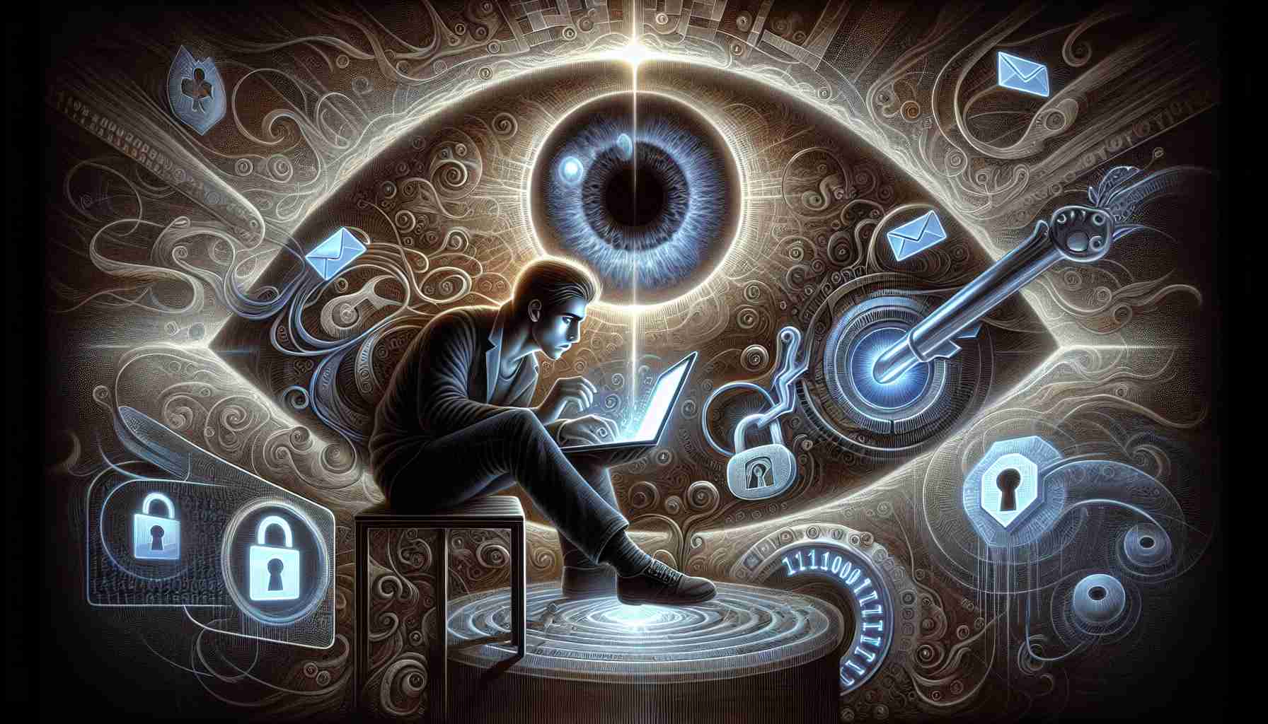 An intricate depiction in HD, illustrating the concept of online privacy in the digital age. The art primarily comprises an individual of Caucasian descent sitting before a computer, their worried expression illuminated by the soft glow of the screen. They are surrounded by swirling symbols signifying digital data — emails, lock icons, and binary codes — giving a heightened sense of paranoia. In their hand, they clutch a key symbolizing their control over personal information online. A glaring digital eye in the backdrop serves as a metaphor for constant surveillance.