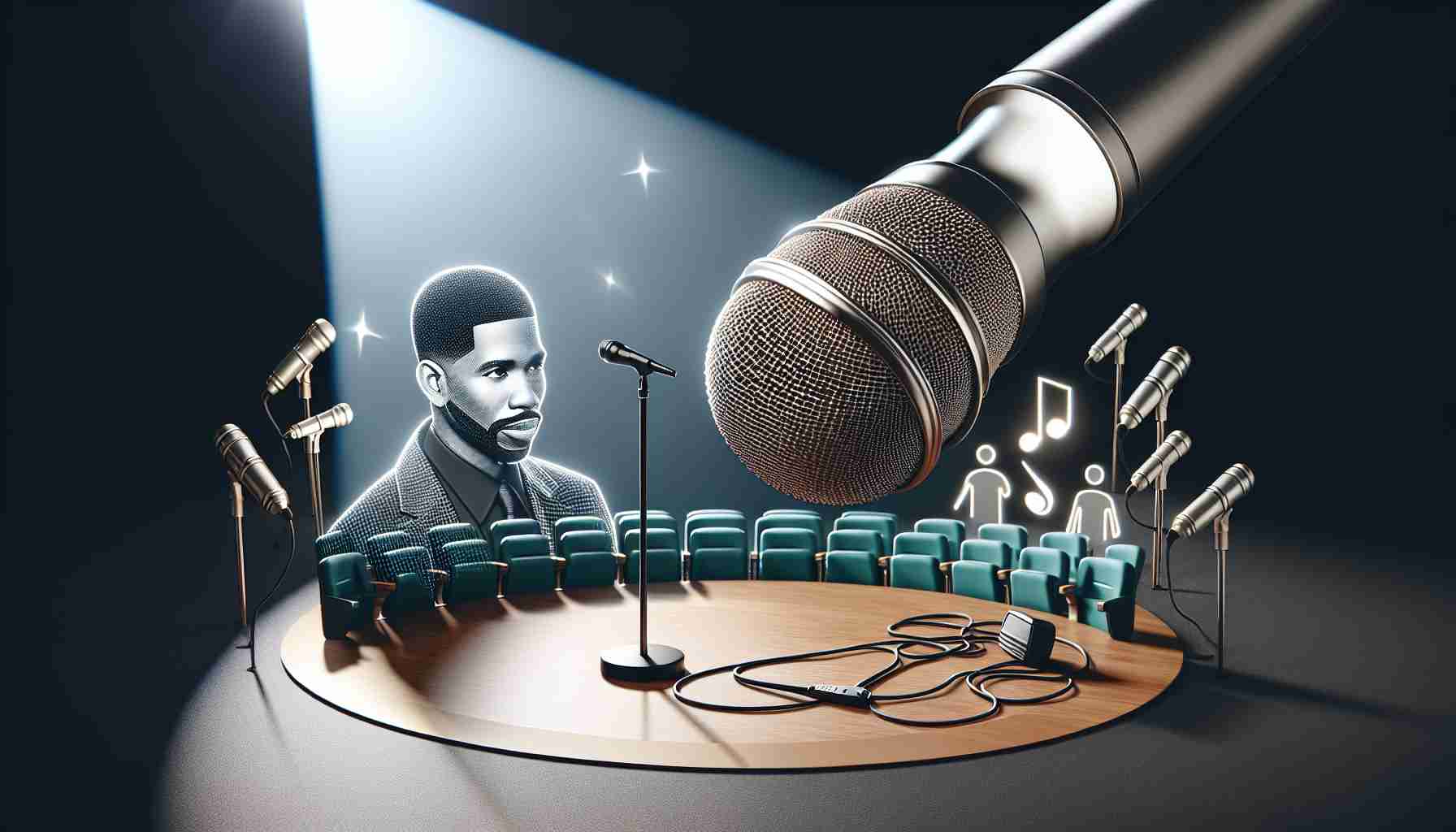 A realistic high-definition image depicting an unexpected health setback for a famous female R&B singer, leading to concert cancellations. The picture should highlight the concept of an unseen health issue causing professional distress and inconvenience; perhaps including symbolisms such as a microphone put aside, a dim spotlight, or empty concert seats.