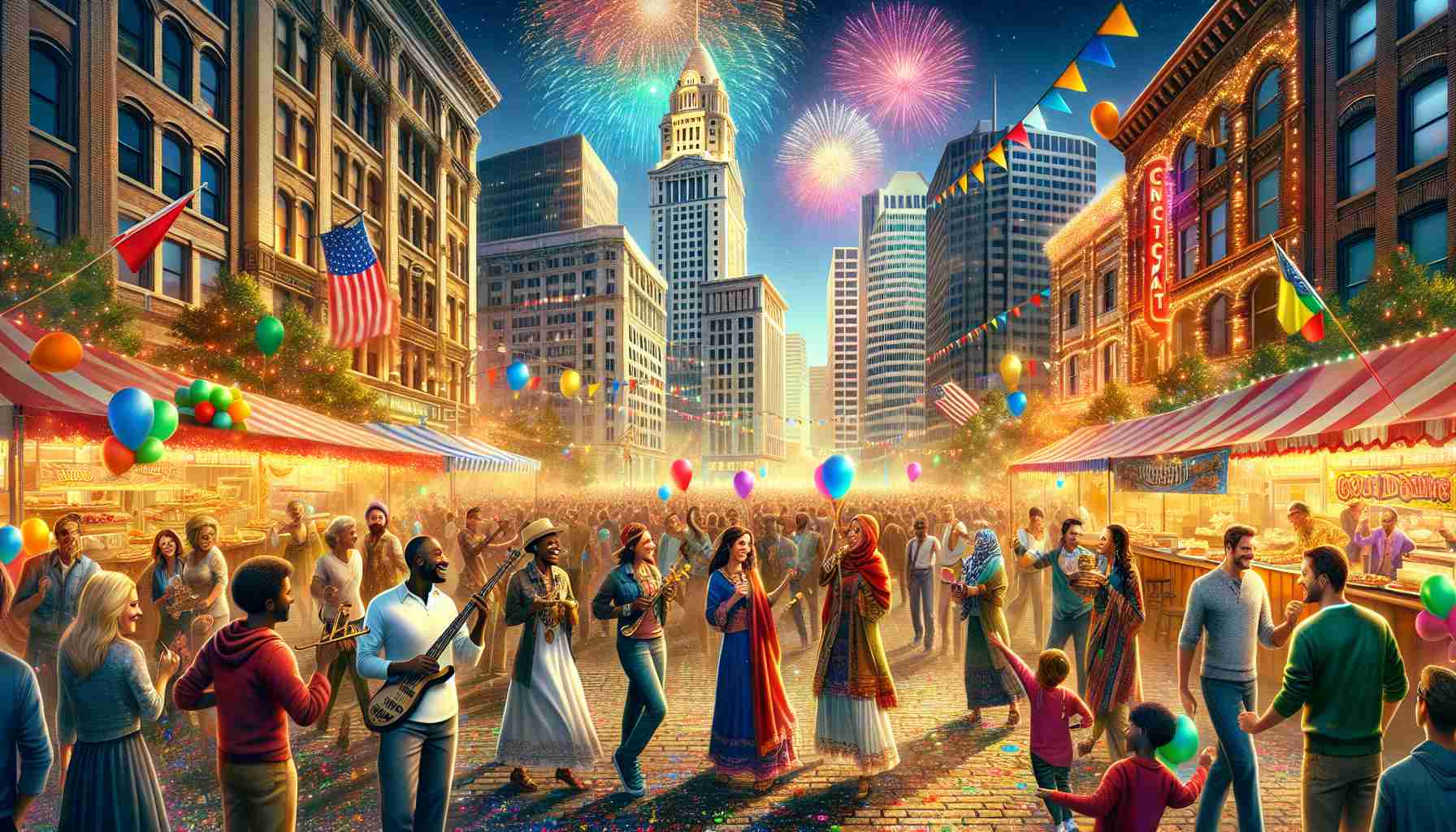 Create a life-like, high definition image illustrating vibrant festivities taking place in downtown Cincinnati. Show a variety of people from different descents such as Black, Hispanic, Middle-Eastern, and Caucasian, both males and females, all participating in the celebrations. The landscape should include the city's well-known architecture as the backdrop, with festive decorations adorning the buildings. Streets should be filled with colourful confetti, and the sky with glowing fireworks, as music seems to pulse through the air. Balloons and festive street food stalls add a tantalizing array of colors and textures to the scene, with laughter and joy evident everywhere creating an enchanting atmosphere.