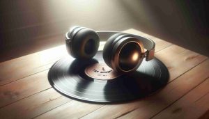 A symbolic and high definition image representing the tribute to a legendary music figure. This tribute is signified by a massive hip-hop style headphone resting on a pristine vinyl record, placed on a wooden table. The reflection on the record surface announces the name 'Fatman Scoop.' Soft diffused light illuminates the scene, symbolising their indelible contribution to the music industry.