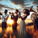 Generate a high-definition realistic image that captures the scene of a group of musicians playing brass instruments. The group is diverse and includes a Black female trombonist, an East-Asian male trumpeter, and a Hispanic female French horn player. The background is stunning, lit by the hues of a setting sun casting a warm glow over the entire scene. The musicians are located in an open field, their music blending with the chirping of birds and the rustle of leaves in the light breeze.