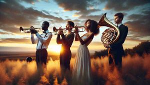 Generate a high-definition realistic image that captures the scene of a group of musicians playing brass instruments. The group is diverse and includes a Black female trombonist, an East-Asian male trumpeter, and a Hispanic female French horn player. The background is stunning, lit by the hues of a setting sun casting a warm glow over the entire scene. The musicians are located in an open field, their music blending with the chirping of birds and the rustle of leaves in the light breeze.