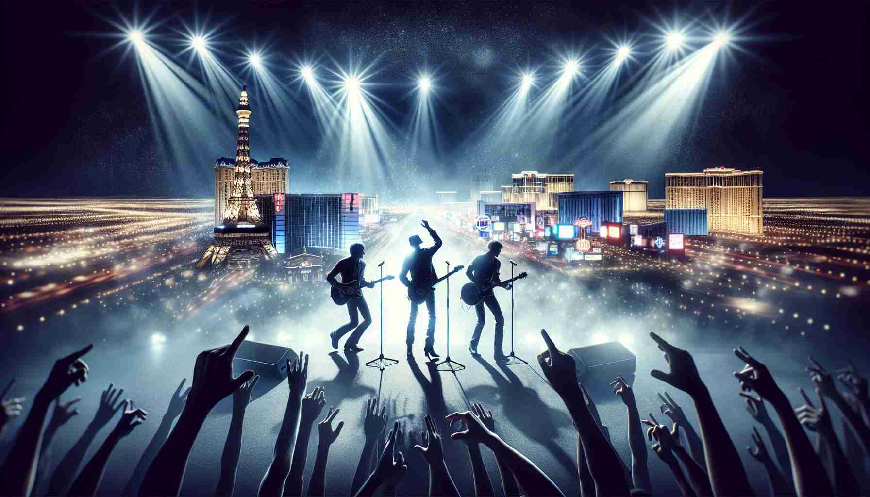 Realistic, high-definition image of an unidentified, famous band reaching new heights in their musical journey during a concert in Las Vegas. This picture should capture the energy and excitement of live music, the glamour of Las Vegas, the stage lights beating down, and the cheers of the audience as the band delivers a performance that will make them forever iconic.