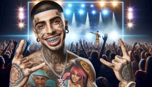 Visualize a memorable scenario where a male music artist, with many tattoos, well-known for his hip-hop and rap music, gives an unforgettable experience to his fans. The artist has a distinctive style with grills on his teeth and is always seen in funky outfits. For the context, imagine a high-energy concert stage setting with bright lights and excited audience.