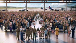 A high definition, realistic image of a special event commemorating heroes and their families embarking on an international journey. The scene focuses on the diverse group of honorees, consisting of men, women, and children of varying descents including Caucasian, Hispanic, Black, Middle-Eastern, and South Asian. They stand in a large, open-air waiting area of an airport. The atmosphere is filled with anticipation, joy, and pride. Family members are hugging each other, waving colorful flags, and holding handmade signs of congratulation and gratitude. The background shows a sprawling tarmac with planes ready for takeoff.