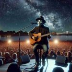 A realistic, high-definition photo showcasing an anonymous, iconic folk musician delighting the audience with timeless hits under a starlit sky. He is on stage with a guitar, and the enraptured crowd sways to his melodies. The night sky, vibrant with twinkling stars, forms a captivating backdrop while the concert takes place in an open-air setting.